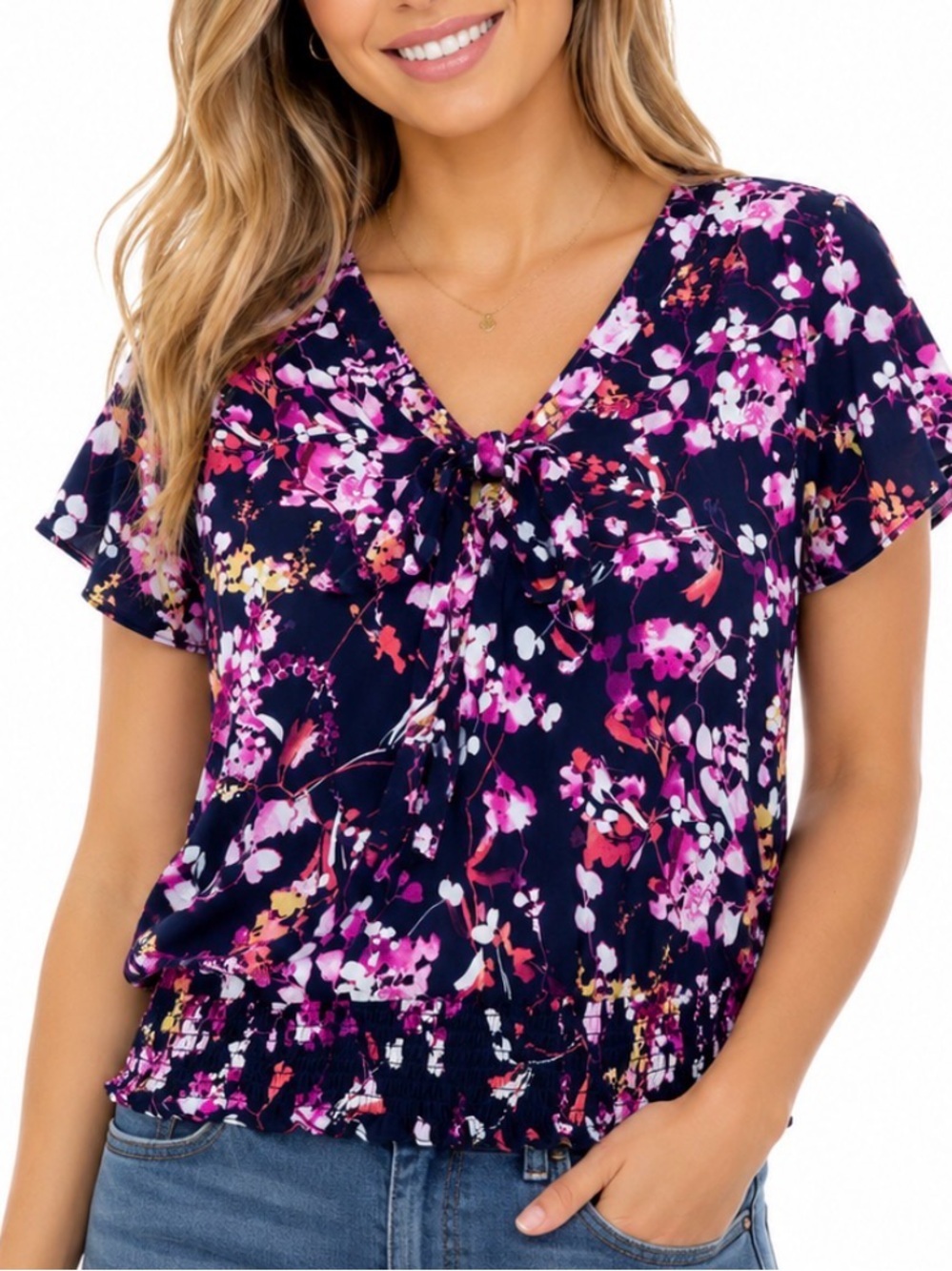 Nine Britton Floral Tie-Front Smocked Hem Women's Top - Navy Pink lightweight XL